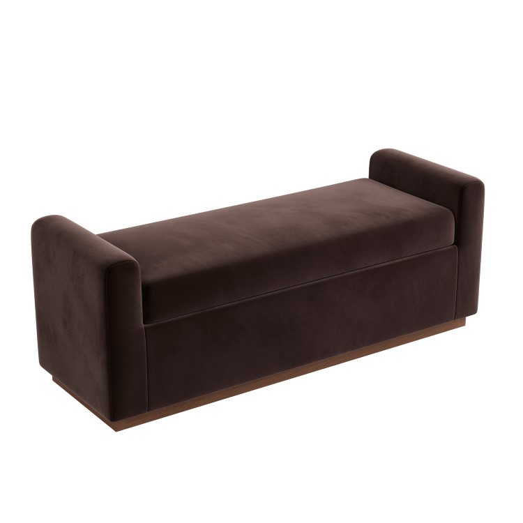Chocolate Brown Velvet Ottoman Storage Blanket Box with Dark Wood Plinth - Fern