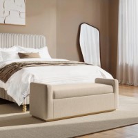 Beige Upholstered Ottoman Storage Blanket Box with Oak Wood Plinth - Fern