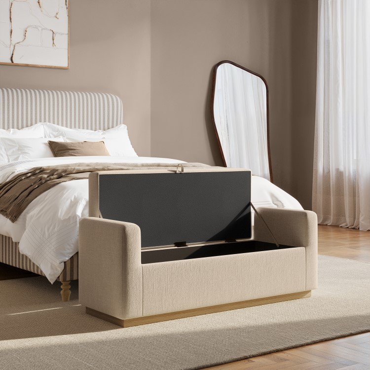 Beige Upholstered Ottoman Storage Blanket Box with Oak Wood Plinth - Fern
