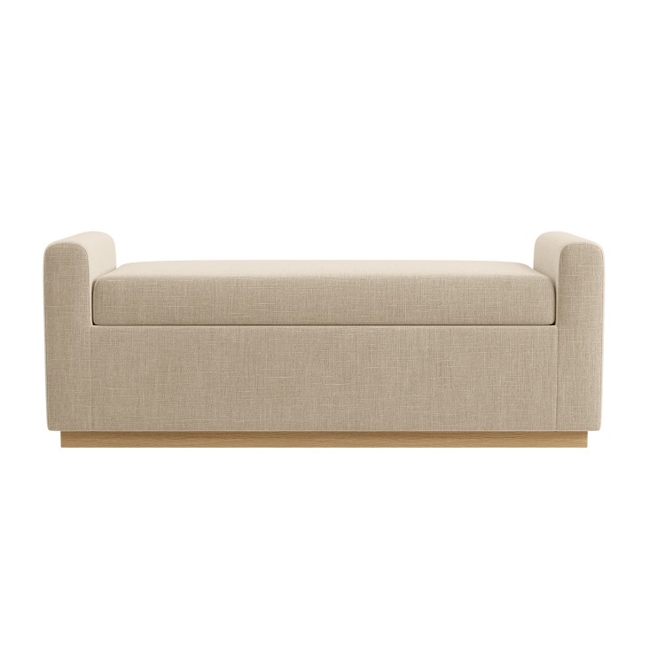 Beige Upholstered Ottoman Storage Blanket Box with Oak Wood Plinth - Fern