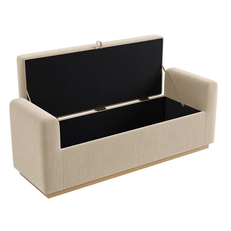 Beige Upholstered Ottoman Storage Blanket Box with Oak Wood Plinth - Fern