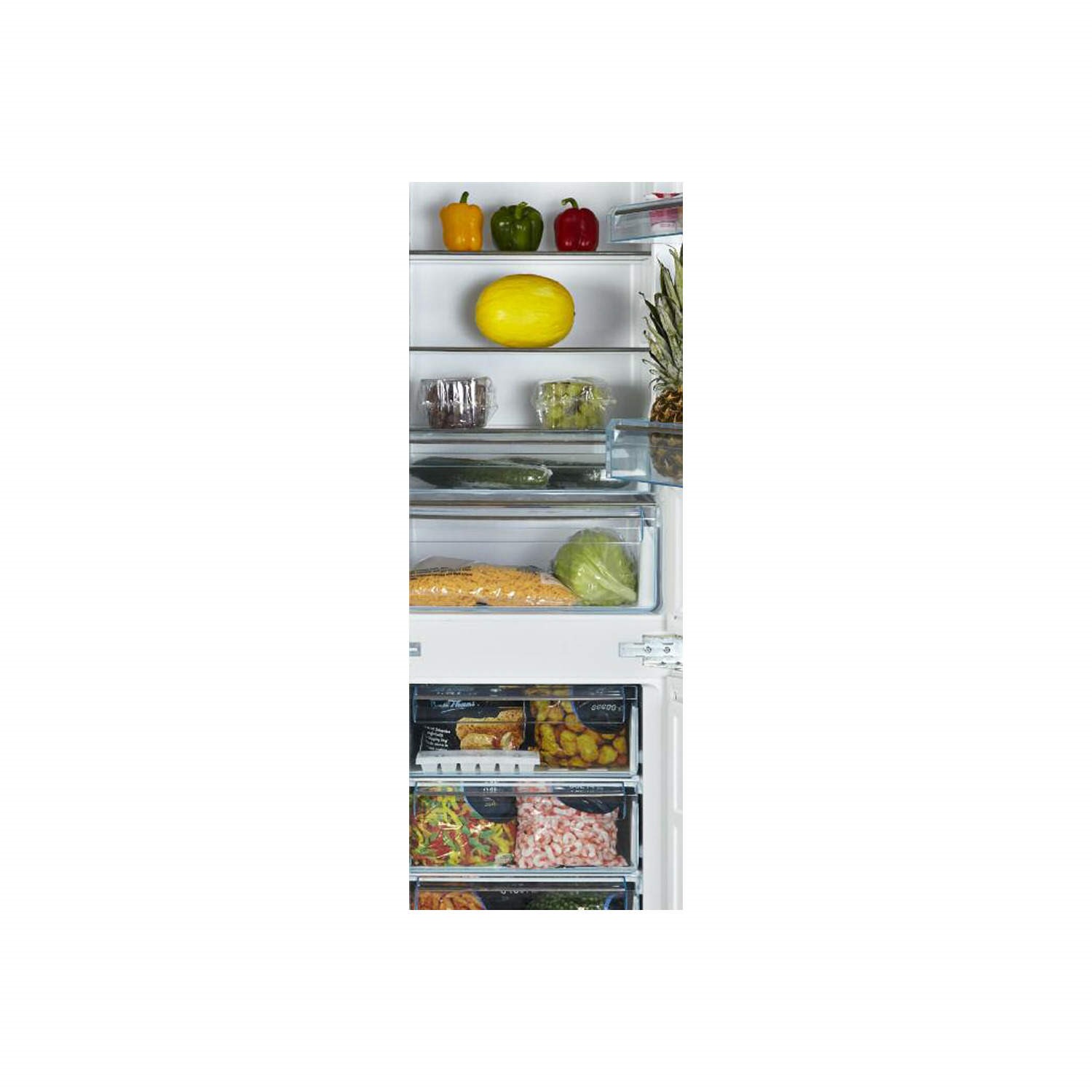 White Knight FF250IHE 54cm Wide 70 30 Integrated Upright Fridge Freezer White