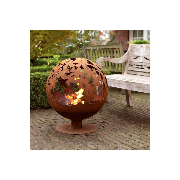 Cast Iron Fire Pit Globe with Laser Cut Leaf Pattern