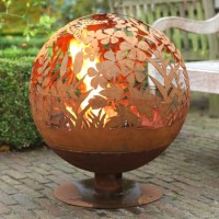 Fallen Fruits Rust Effect Fire Pit Globe with Laser Cut Meadow Design