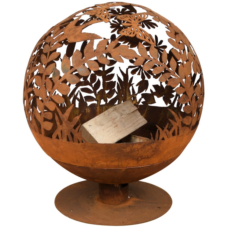 Fallen Fruits Rust Effect Fire Pit Globe with Laser Cut Meadow Design