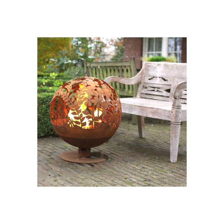Fallen Fruits Rust Effect Fire Pit Globe with Laser Cut Meadow Design