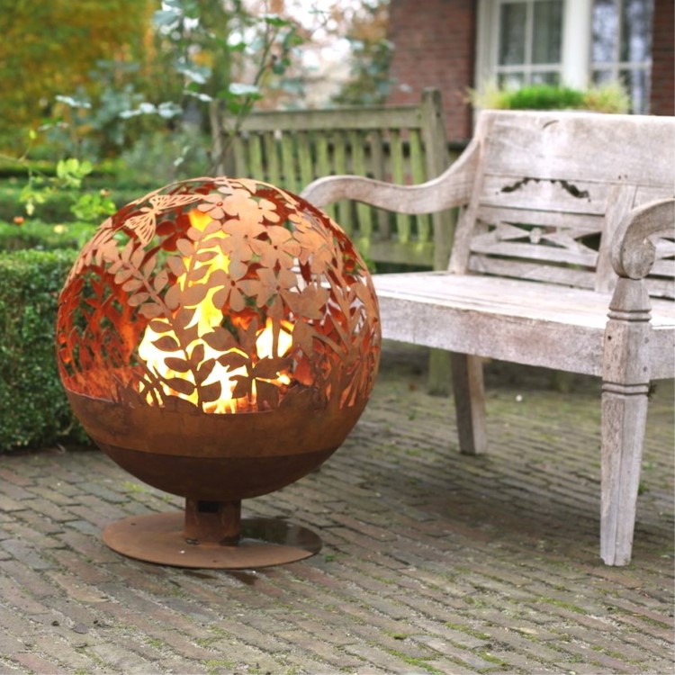 Fallen Fruits Rust Effect Fire Pit Globe with Laser Cut Meadow Design