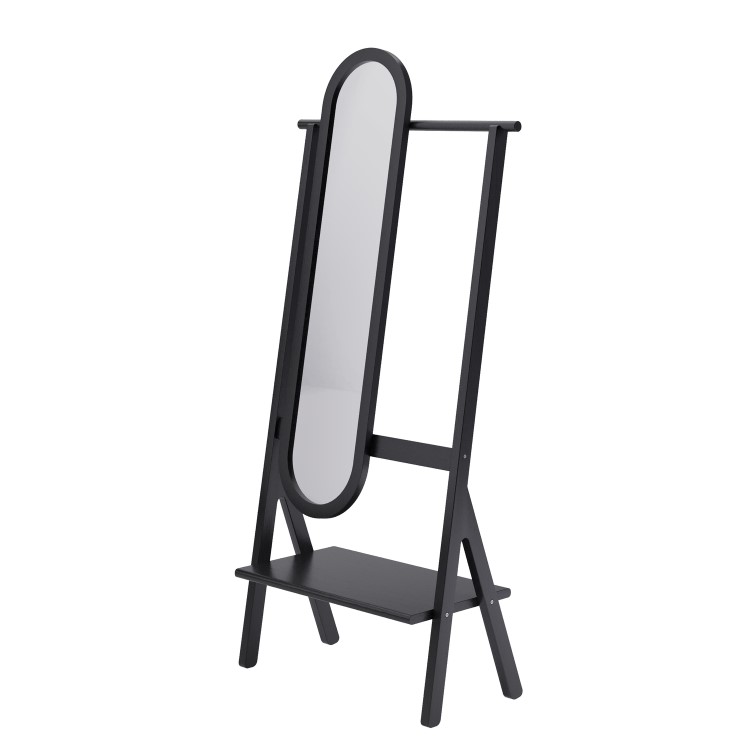 Black Freestanding Full-Length Hall Mirror with Hanging Rail and Shelf - Figo 