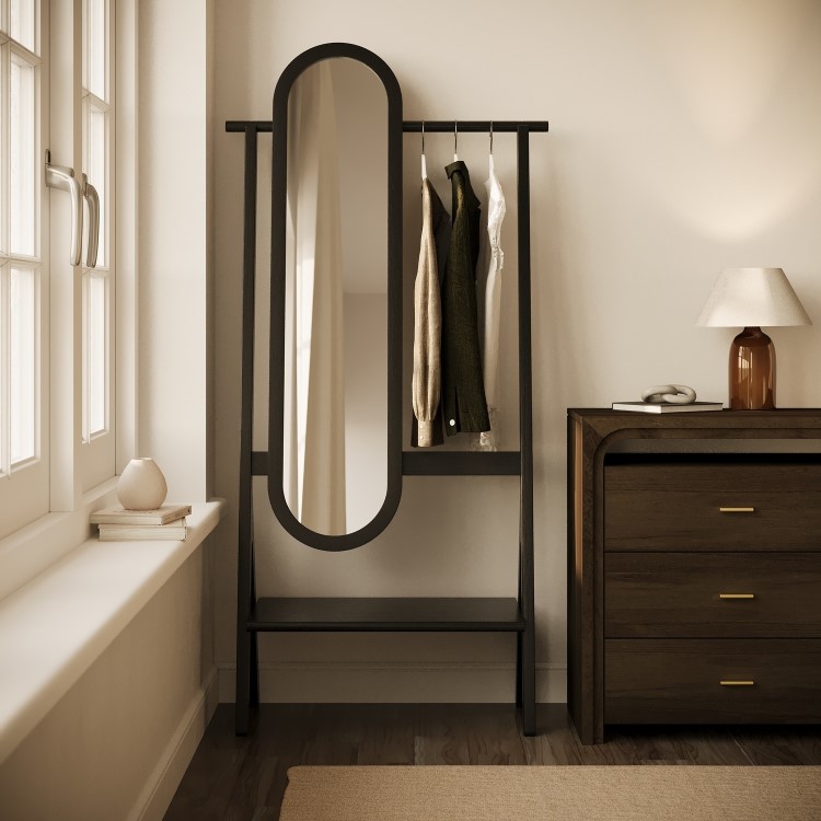 Black Freestanding Full-Length Mirror with Hanging Rail and Shelf - Figo 