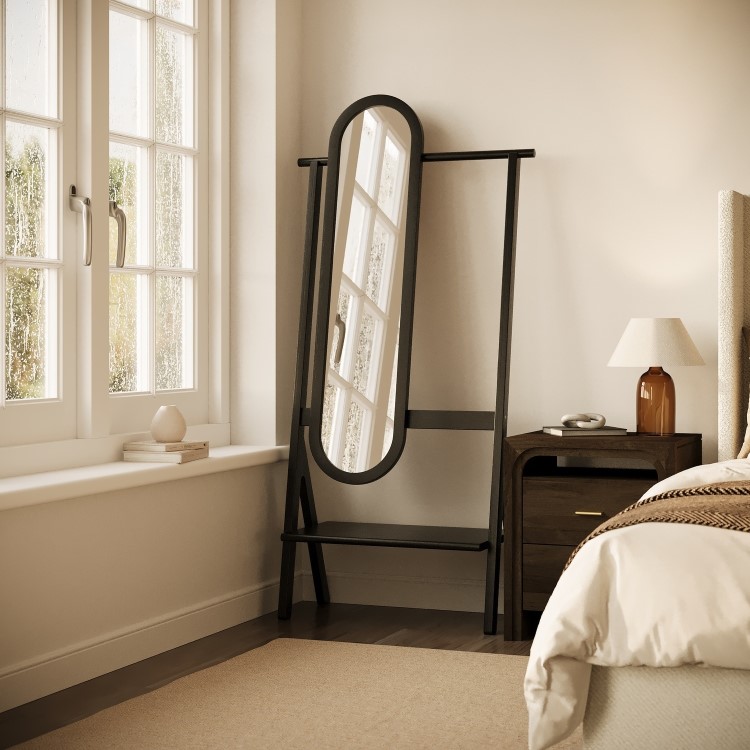 Black Freestanding Full-Length Mirror with Hanging Rail and Shelf - Figo 