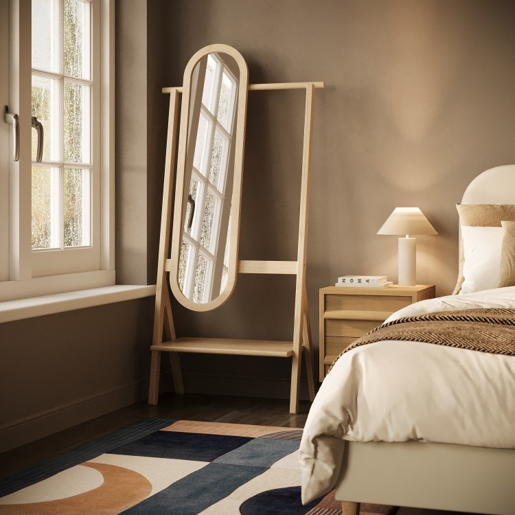 Light Wood Freestanding Full-Length Mirror with Hanging Rail and Shelf - Figo 