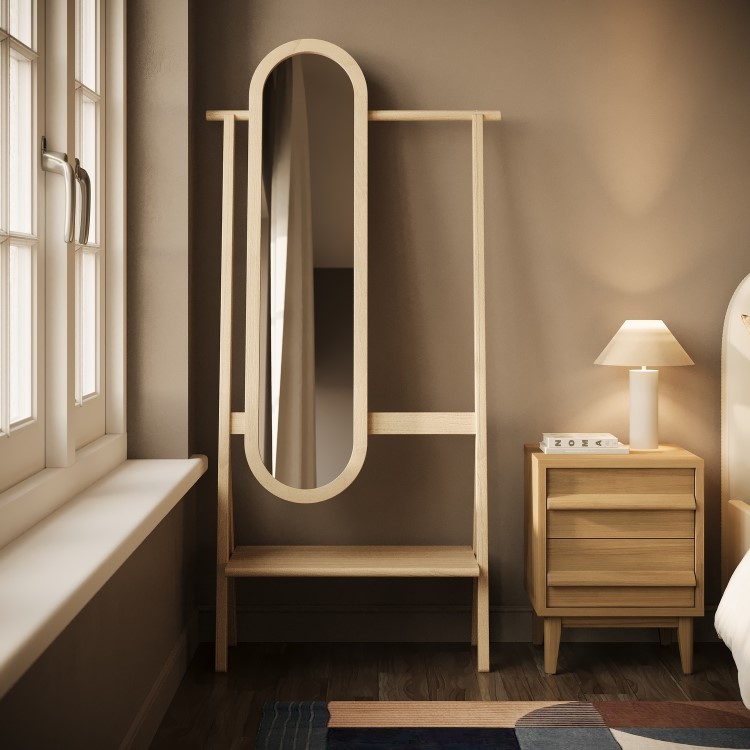 Light Wood Freestanding Full-Length Mirror with Hanging Rail and Shelf - Figo 