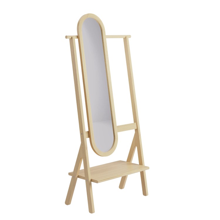 Light Wood Freestanding Full-Length Mirror with Hanging Rail and Shelf - Figo 