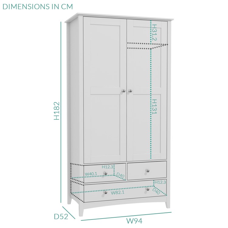 Light Grey Painted 2 Door Double Wardrobe with Drawers - Finch