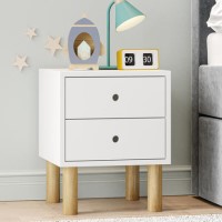 Kids White Scandi 2 Drawer Bedside Table with Wooden Legs - Juni Kids White Scandi 2 Drawer Bedside Table with Wooden Legs - Juni