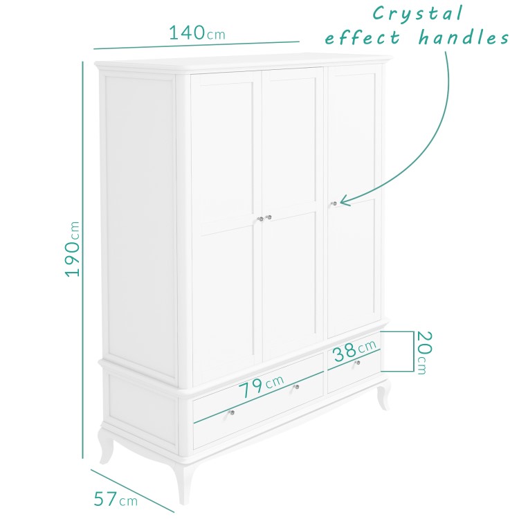 Florentine Triple White Wardrobe with Drawers - French Style