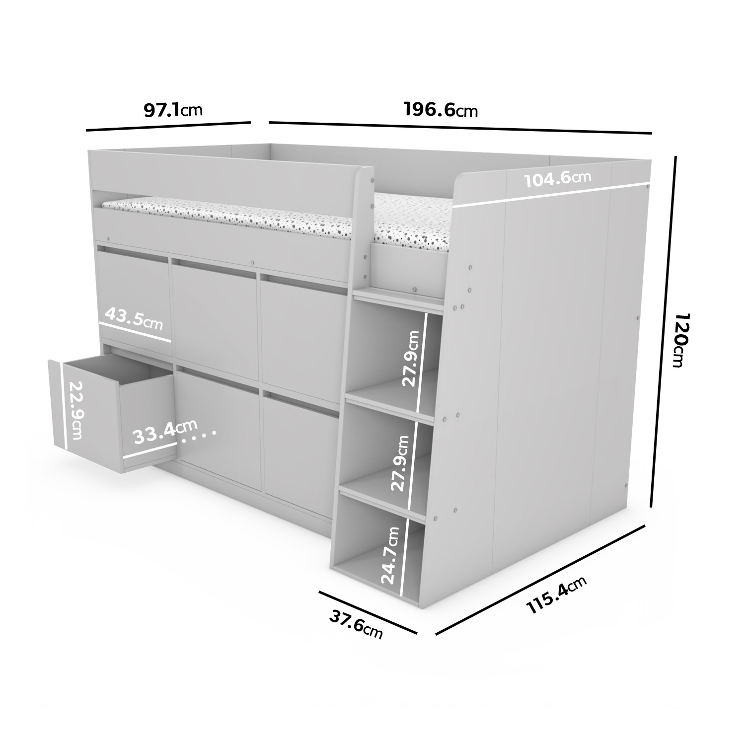Grey Mid Sleeper Cabin Bed with Storage Drawers Finley