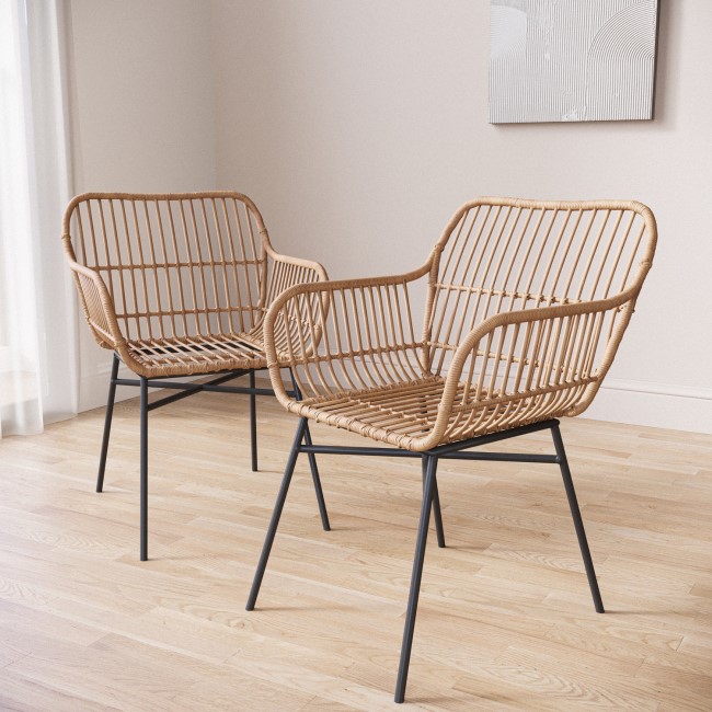 Set of 2 Brown Rattan Effect Dining Armchairs - Fion