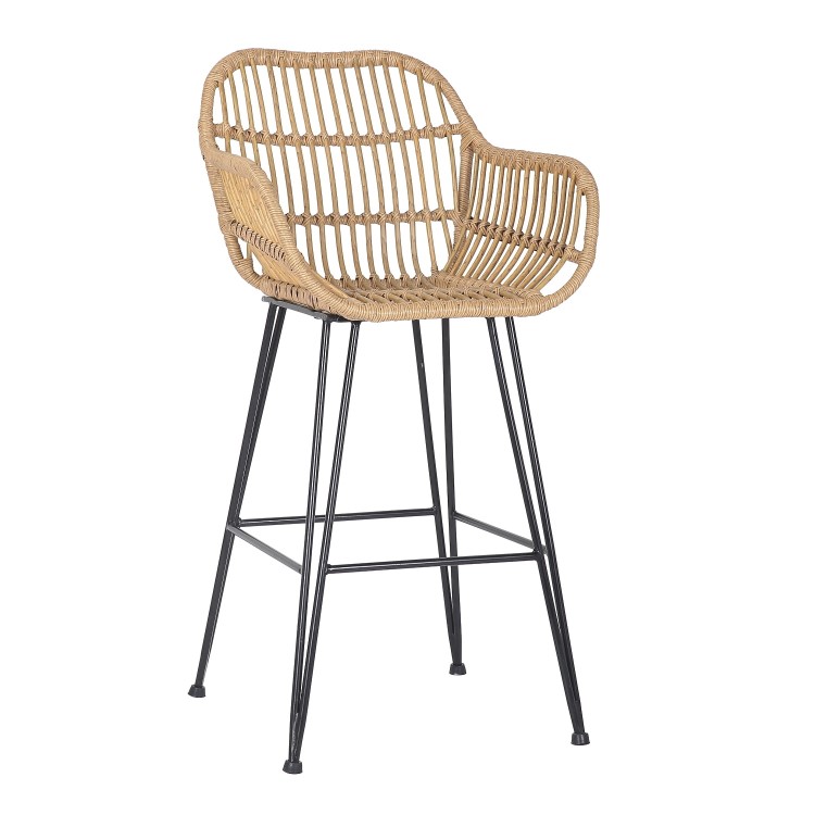 Set of 2 Brown Rattan Effect Kitchen Stools with Backs - 66cm - Fion