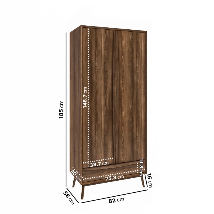 Walnut Mid-Century Double Wardrobe with Drawer - Frances