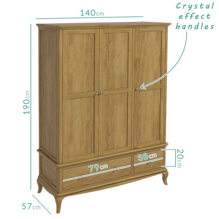 Fonteyn Solid Oak Wardrobe 3 Door 2 Drawer - French Style