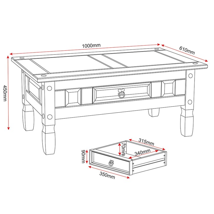 Solid Pine Coffee Table with Black Handles - Seconique Corona
