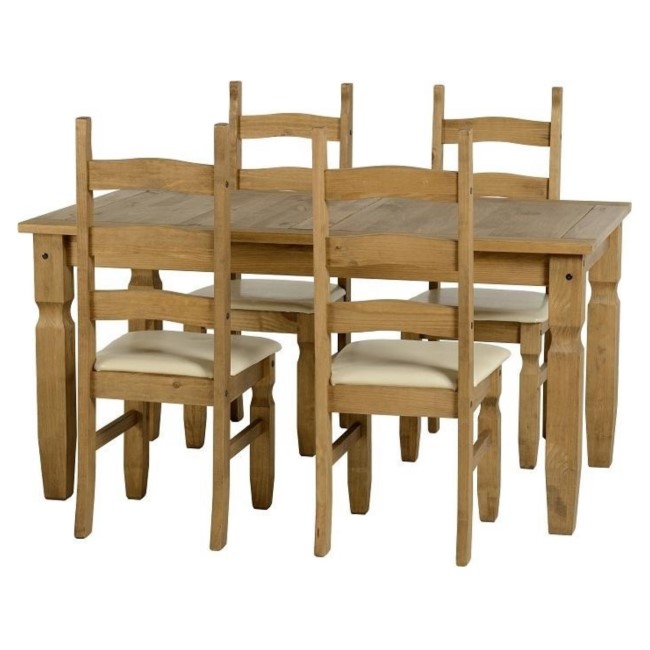 Dining Table & 4 Chairs in Pine with Cream Faux Leather - Corona