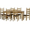 Dining Table &amp; 6 Chairs in Pine with Faux Brown Leather - Corona