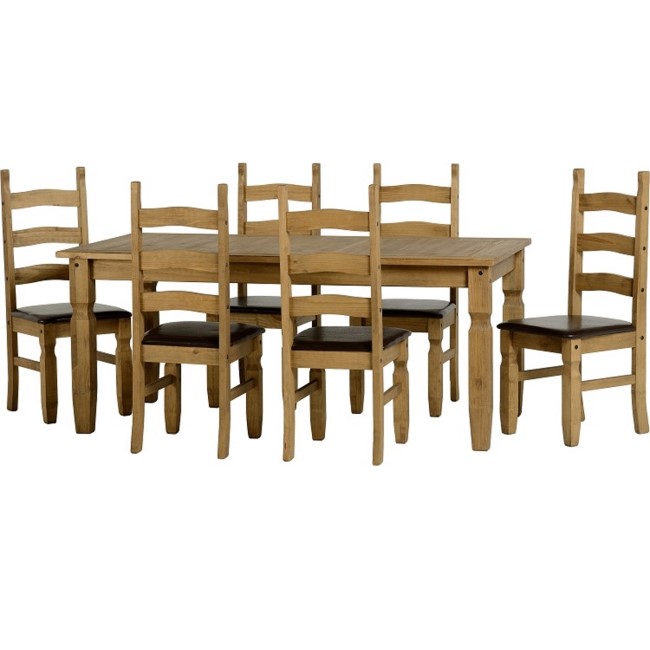 Dining Table & 6 Chairs in Pine with Faux Brown Leather - Corona