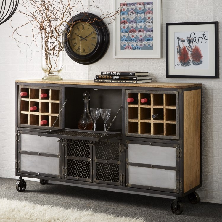 Evoke Drinks Cabinet in Reclaimed Metal & Wood with Wine Rack