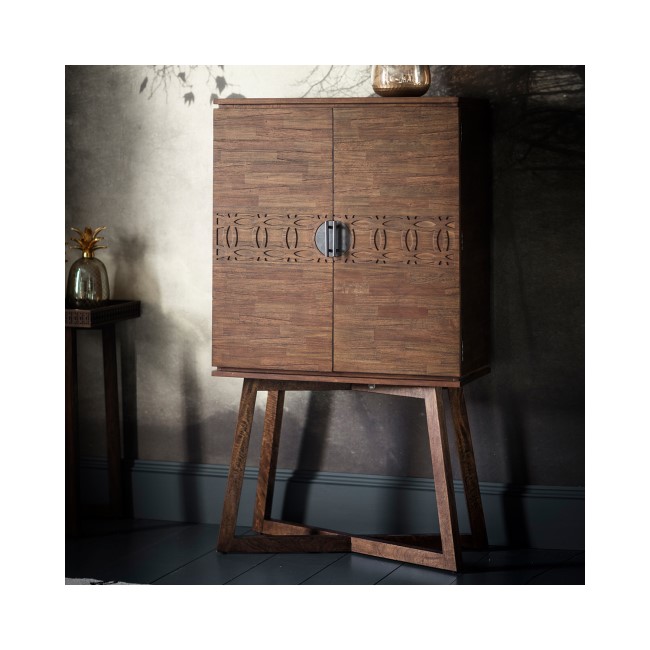 Boho Retreat Solid Wood Drinks Cabinet in Brown with Carved Detail