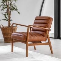 Brown Leather Armchair with Wooden Frame - Caspian House
