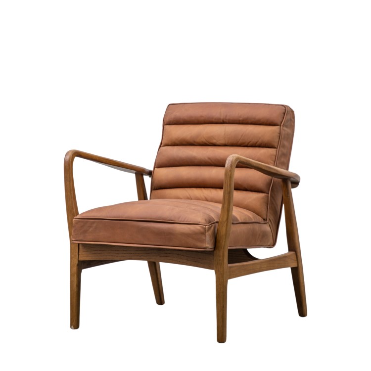 Brown Leather Armchair with Wooden Frame - Caspian House
