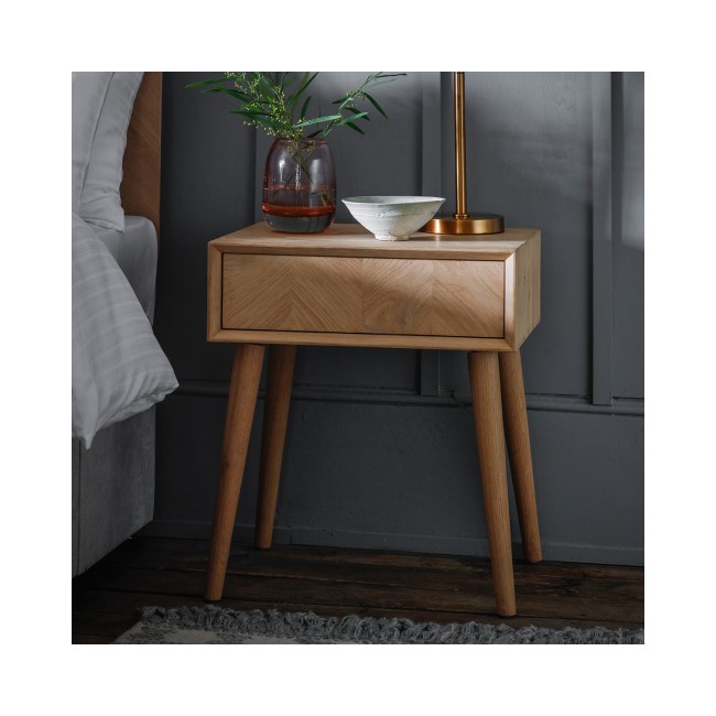 Gallery Milano Solid Oak Light Wood Chevron Style Bedside Table with Angled Legs & 1 Drawer