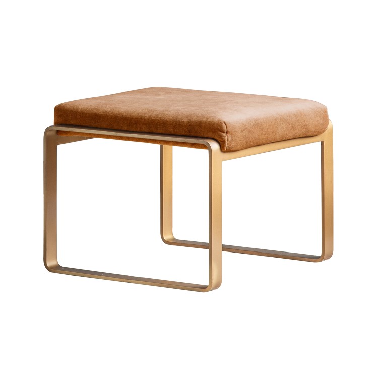 ONLY OPENED - Small Tan Leather Footstool with Gold Legs - Fabien