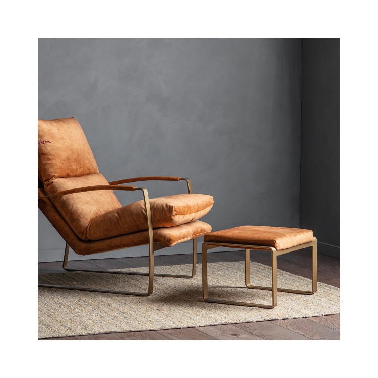 ONLY OPENED - Small Tan Leather Footstool with Gold Legs - Fabien
