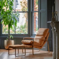 ONLY OPENED - Tan Leather Look Armchair with Gold Frame - Fabien Gallery