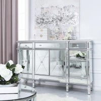 Aurora Boutique Silver Mirrored Sideboard with 4 Doors and 4 Drawers & Crystal Knob Handles