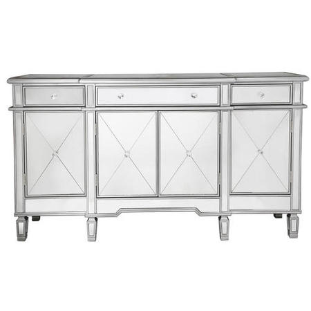 Aurora Boutique Silver Mirrored Sideboard with 4 Doors and 4 Drawers & Crystal Knob Handles