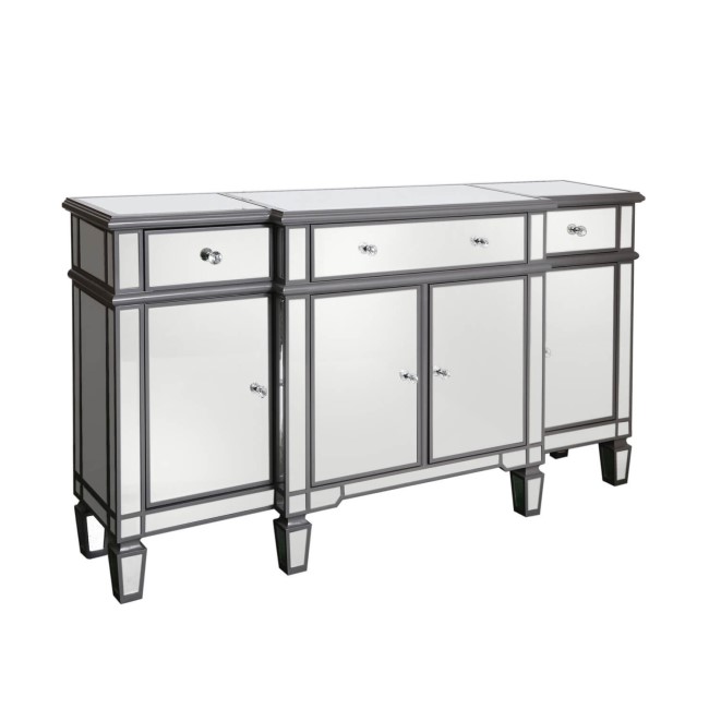 Aurora Boutique Grey Mirrored Sideboard with 4 Doors & 4 Drawers with Crystal Knob Handles