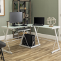 White Glass Corner Desk with Keyboard Tray - Foster