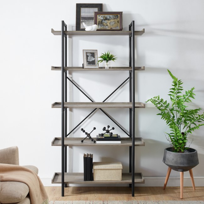 Wooden Effect Bookcase with 5 Shelves & Metal Frame - Foster