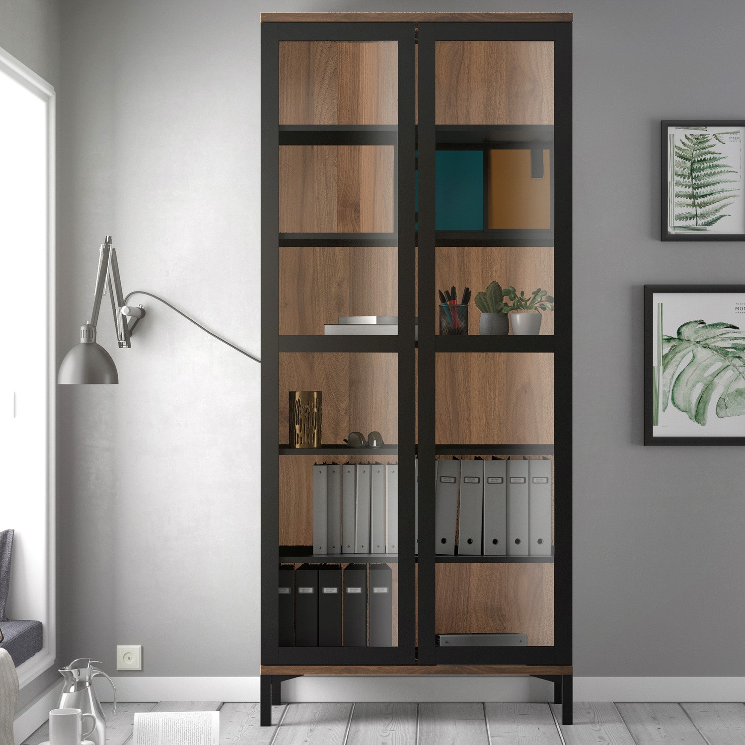 Tall Black and Walnut Display Cabinet with Glass Doors Roomers Page 1 BuyItDirect.ie