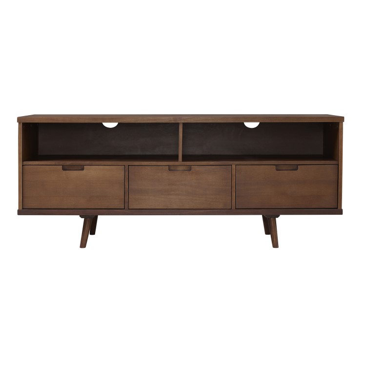 Dark Solid Pine TV Unit with Open Shelves & Storage - TVs up to 64" - Foster