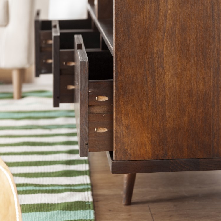Dark Solid Pine TV Unit with Open Shelves & Storage - TVs up to 64" - Foster