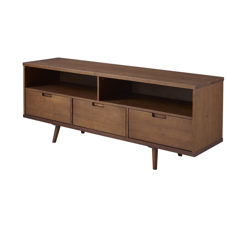 Dark Solid Pine TV Unit with Open Shelves & Storage - TVs up to 64" - Foster