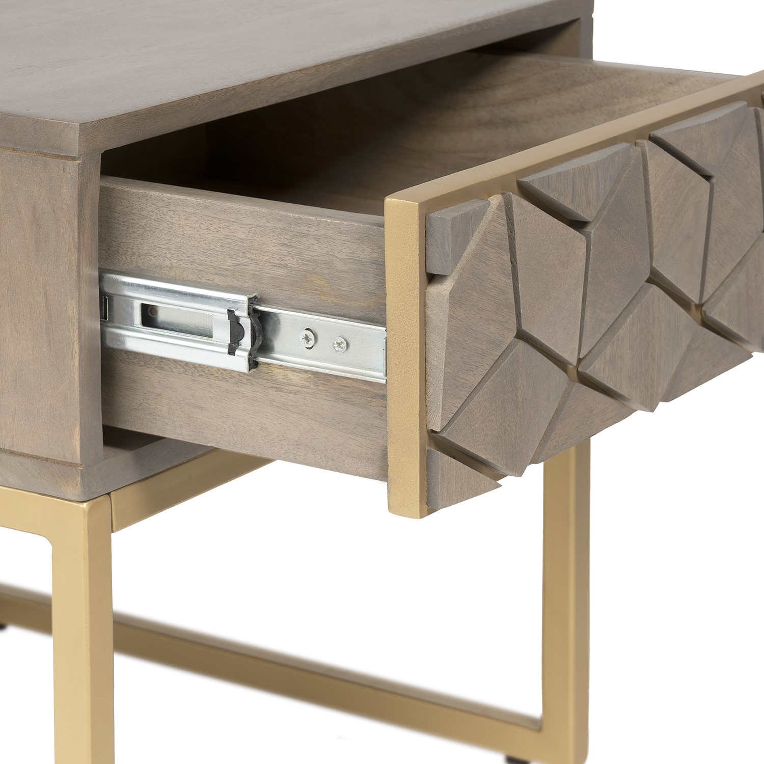 Grey Wash Side Table with Gold Legs and Storage Drawer Alice