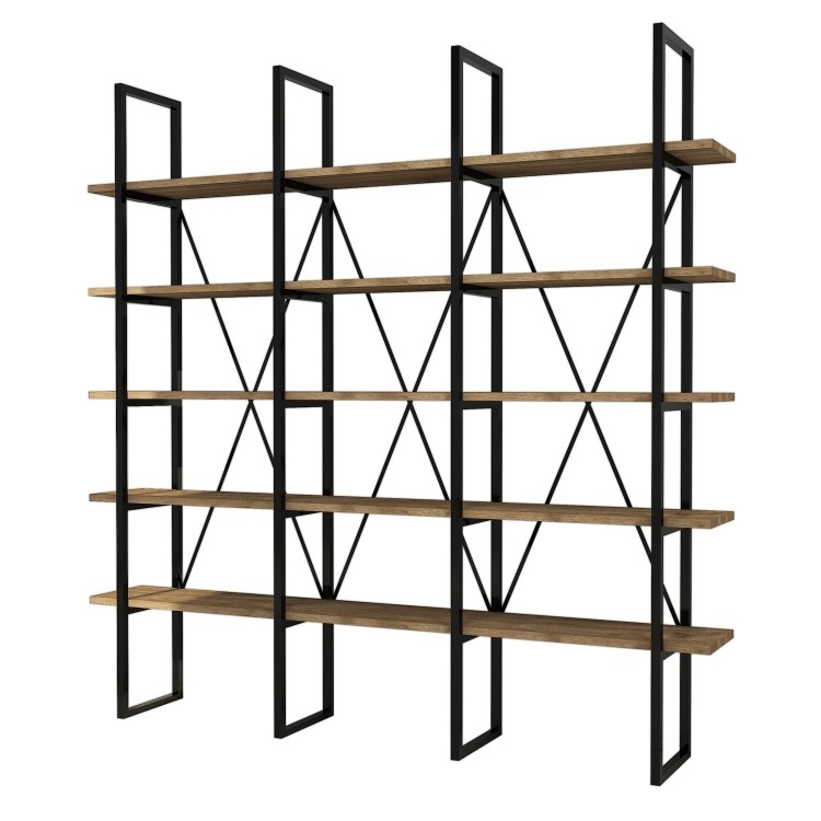 Large Walnut Industrial Bookcase with Black Metal Frame