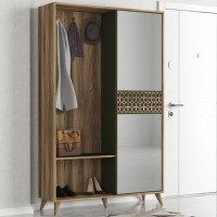 Wooden Tall Hallway Unit with Coat Hooks and Mirrored Cupboard in Oak and Green