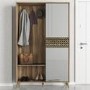 Wooden Tall Hallway Unit with Coat Hooks and Mirrored Cupboard in Oak and Green